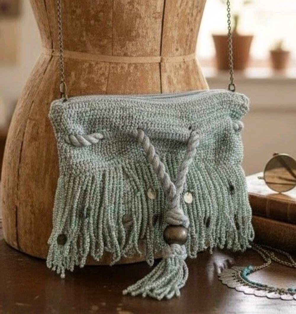 Free People Last Dance Blue Beaded Bag Drawstring Purse Tassel Fringe Potli